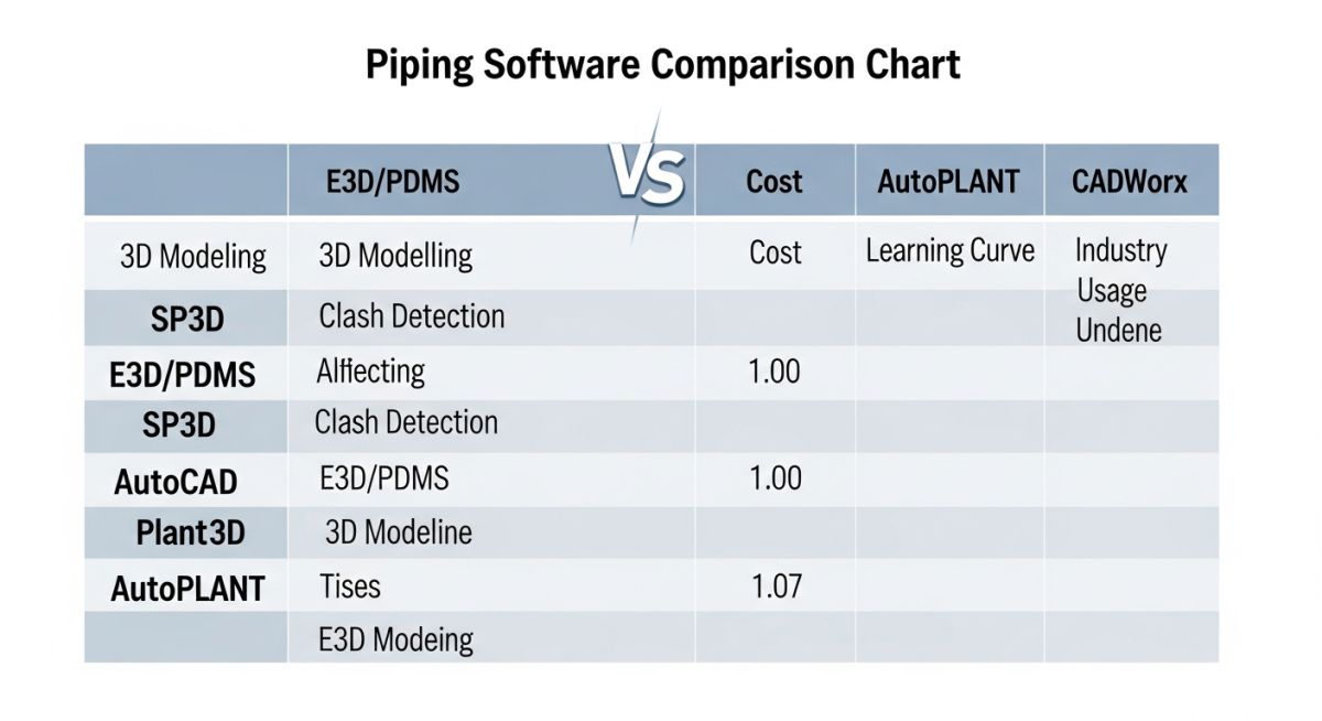 comparison of piping design software tools SP3D E3D AutoCAD Plant 3D CADWorx features chart