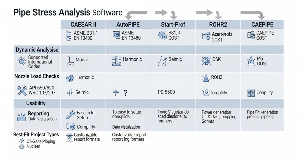Piping Stress Analysis Software selection infographic comparing CAESAR II AutoPIPE ROHR2 CAEPIPE and Start-Prof
