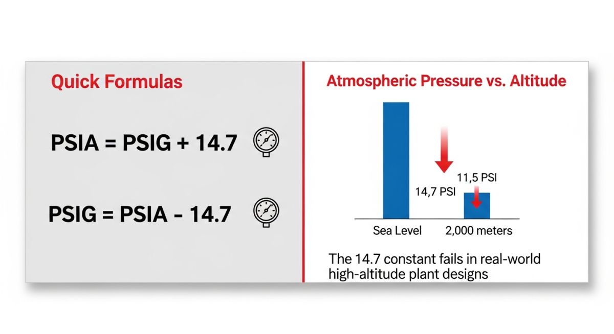 Technical conversion infographic for PSIA to PSIG calculations at different geographical altitudes