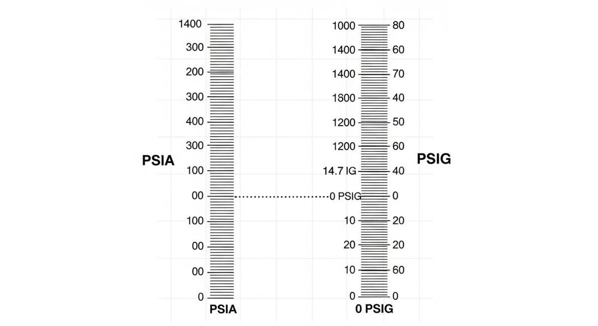 Engineering chart comparing absolute pressure PSIA vs gauge pressure PSIG reference scales at sea level.