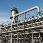 High temperature steam piping system with engineered expansion loop on an industrial refinery pipe rack showing piping thermal expansion management.
