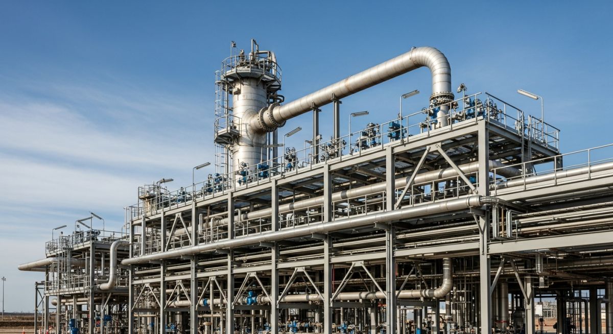 High temperature steam piping system with engineered expansion loop on an industrial refinery pipe rack showing piping thermal expansion management.