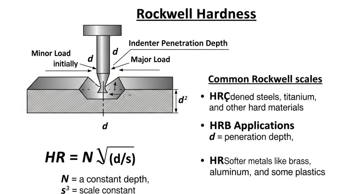 Rockwell hardness scale formula HR N minus d by s with indenter depth diagram