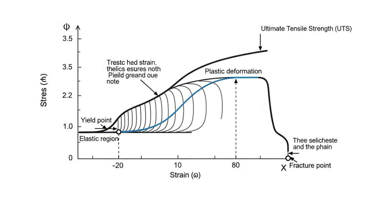 stress strain curve showing tensile strength vs yield strength with ultimate tensile strength point