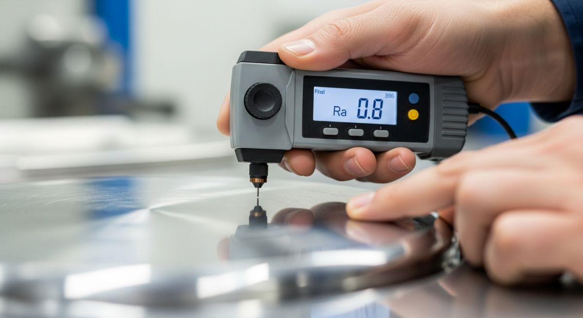 Engineer checking surface roughness Ra value after buffing and polishing process