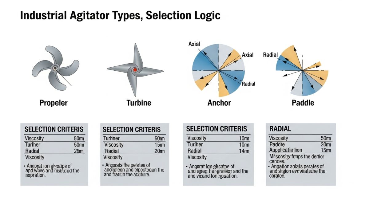 types of industrial agitators and selection criteria infographic with flow patterns