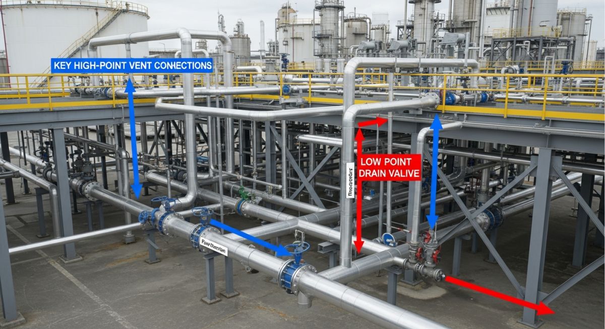 vents and drains in piping system high point vent low point drain industrial layout