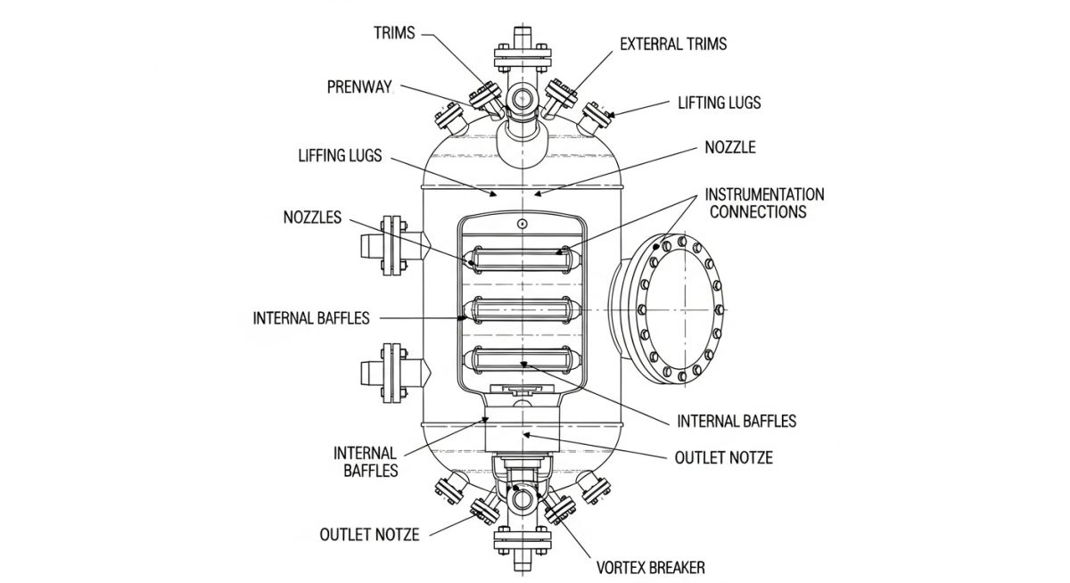 Vessel trims diagram showing nozzle trims, internal trims, and pressure vessel fittings