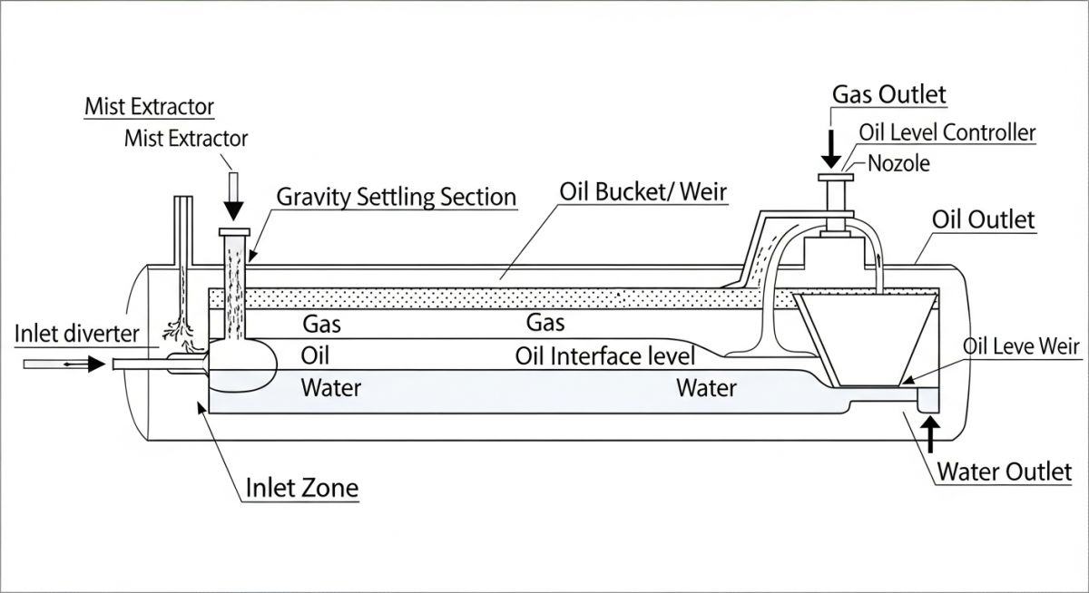 3-phase separator schematic diagram showing internal components and flow paths