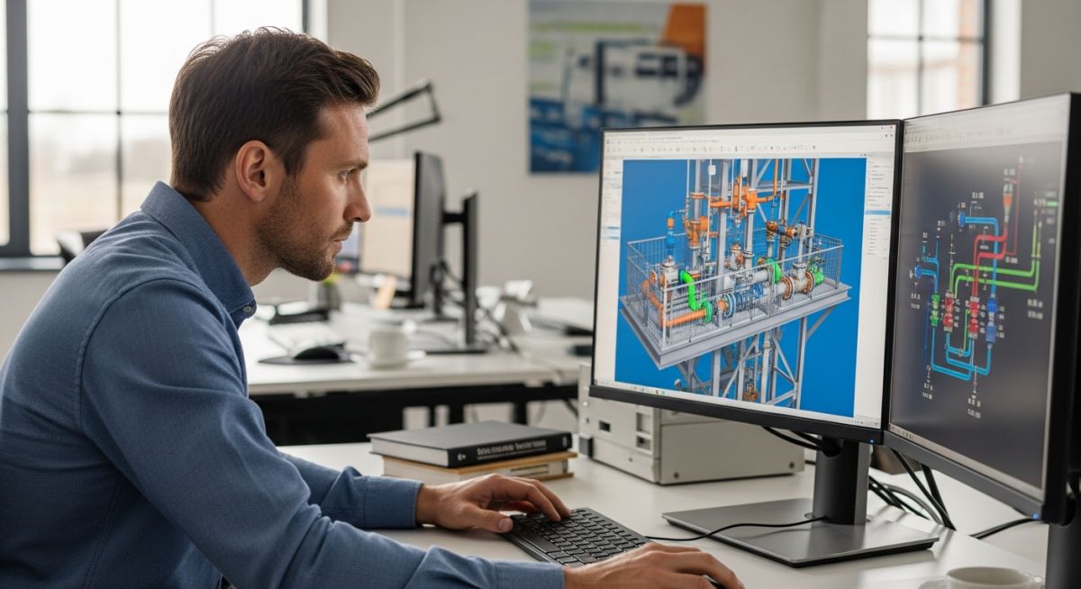 Engineer analyzing a 3D CAD piping drawing on a monitor