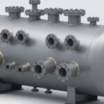 3D CAD model of an industrial pressure vessel highlighting various nozzle types and connections.