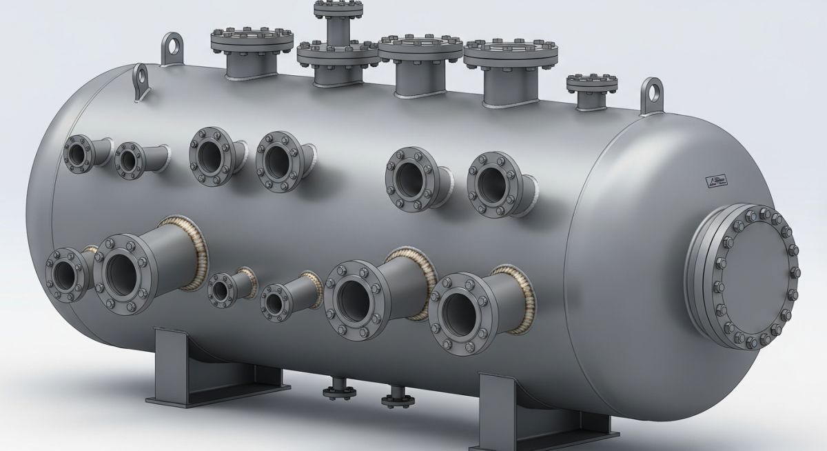 3D CAD model of an industrial pressure vessel highlighting various nozzle types and connections.