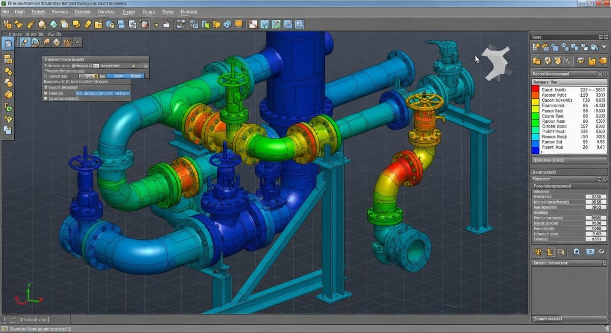 3D FEA model showing stress distribution in an industrial piping system during dynamic analysis.