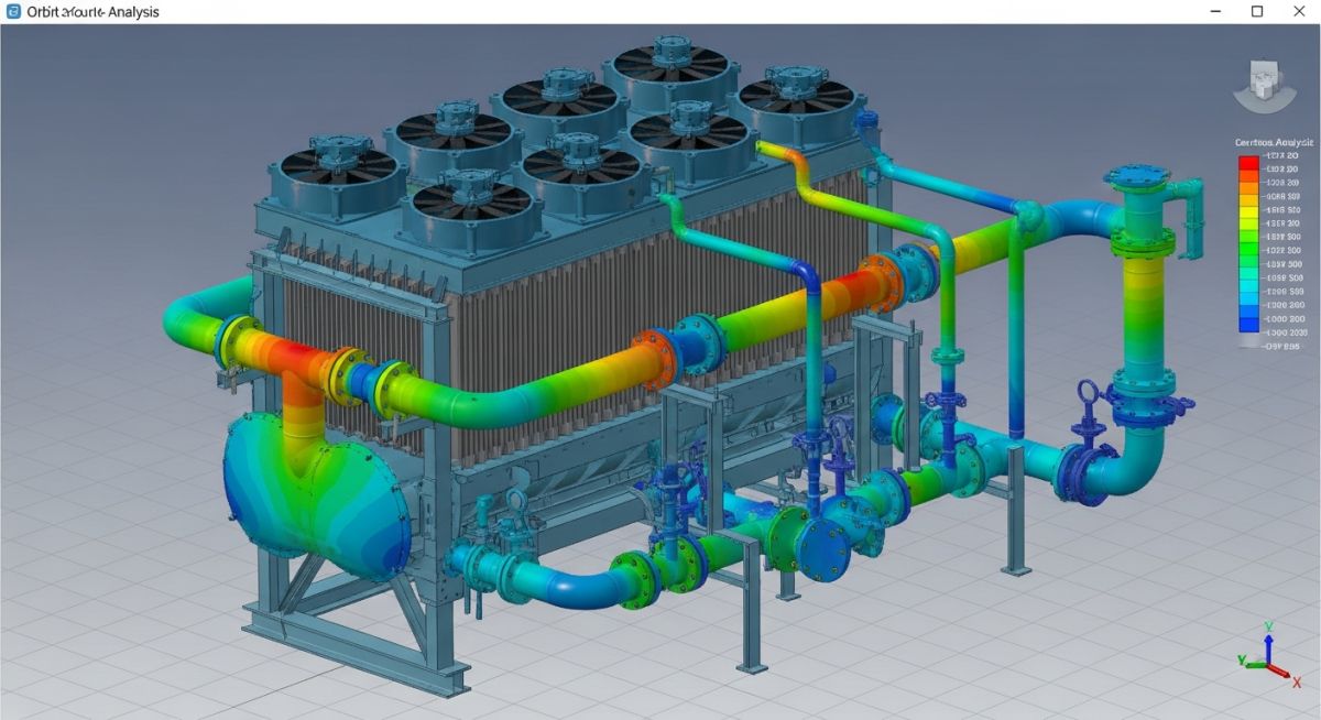 3D Caesar II model of air cooler piping stress analysis showing stress distribution gradients.