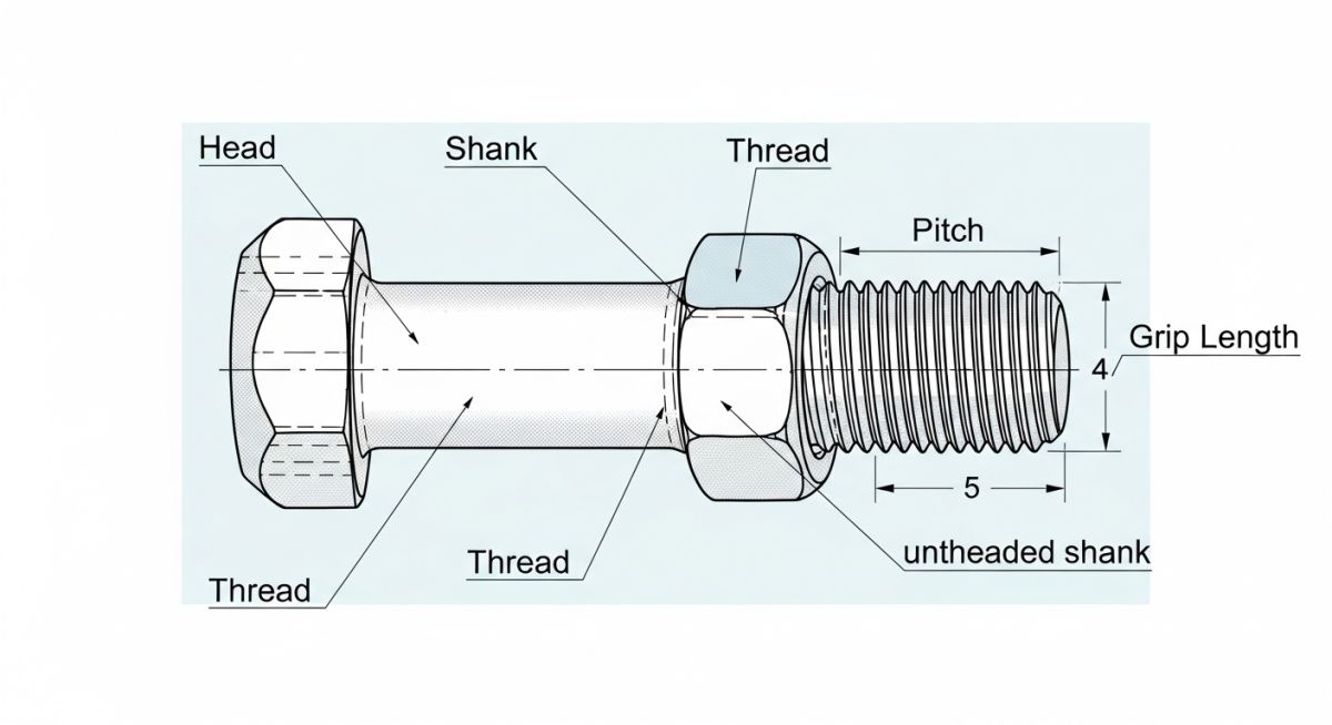 Anatomy of a mechanical fastener showing thread pitch, shank, and head dimensions