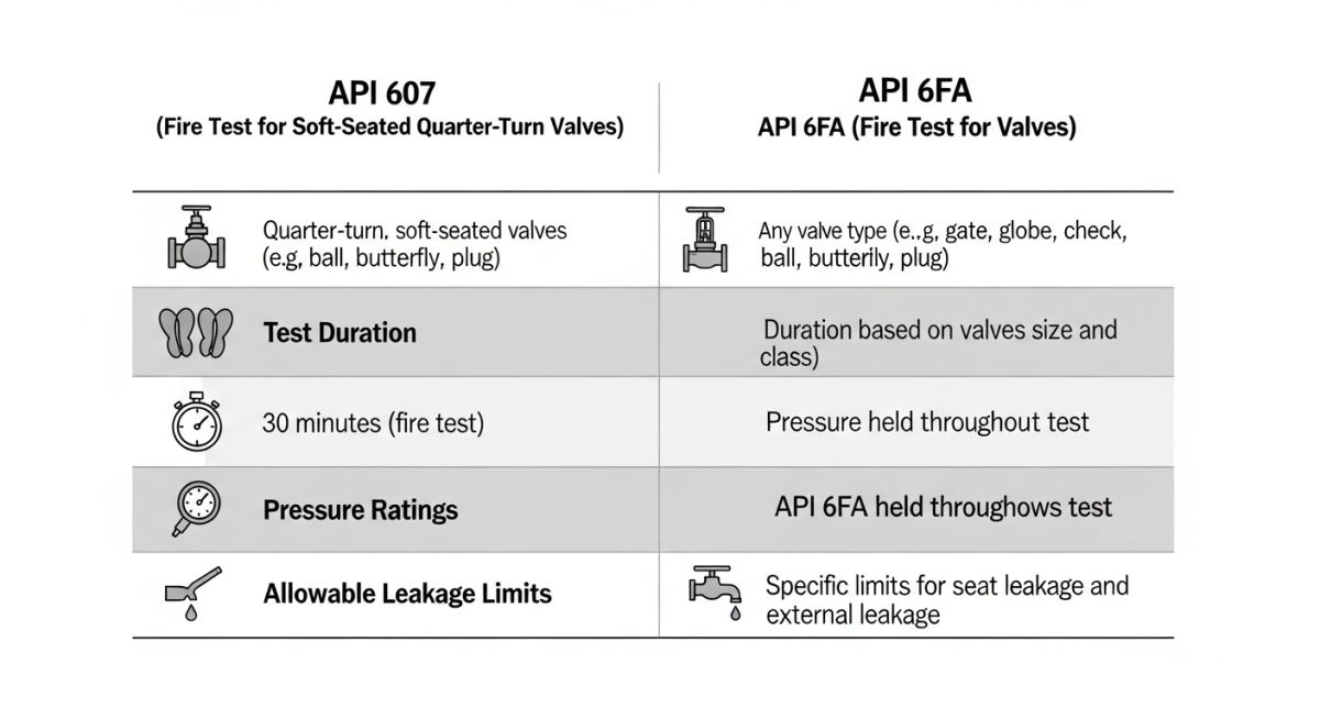 API 607 vs API 6FA comparison chart detailing test parameters, burn times, and leakage limits