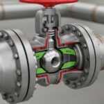 Cutaway 3D render of an API 6D trunnion-mounted ball valve on an industrial pipeline.