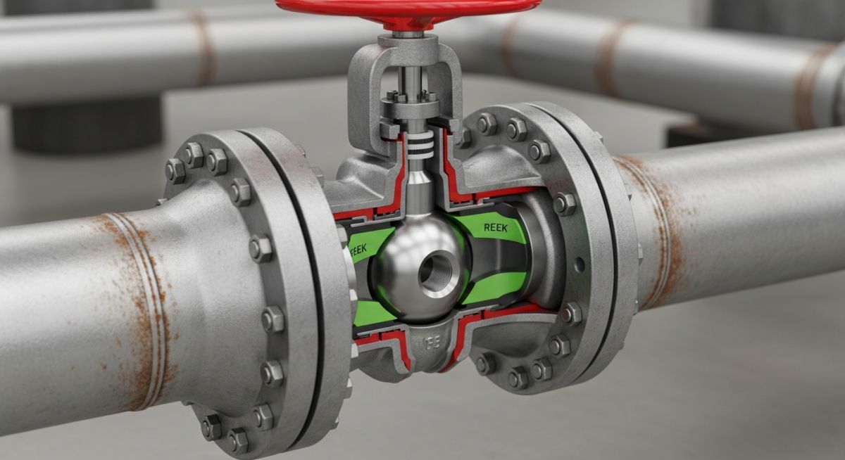 Cutaway 3D render of an API 6D trunnion-mounted ball valve on an industrial pipeline.