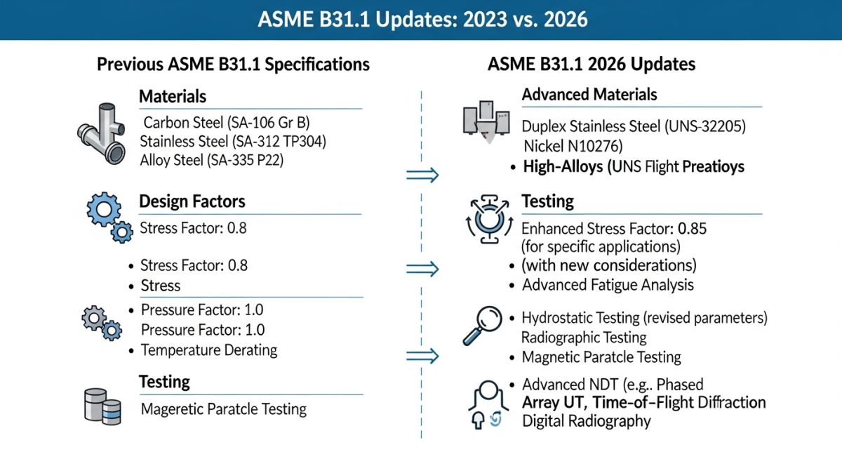 ASME B31.1-2026 Key Updates and Design Workflow Infographic