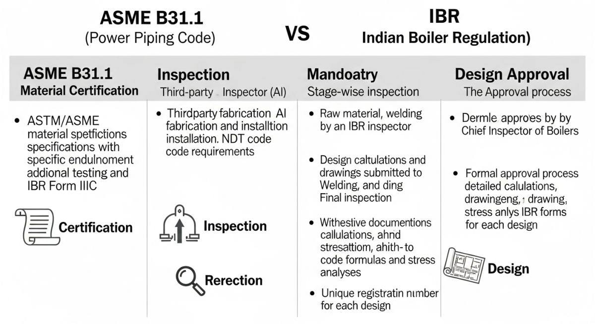 Technical comparison infographic showing ASME B31.1 and IBR design boundaries, stress limits, and certification workflows