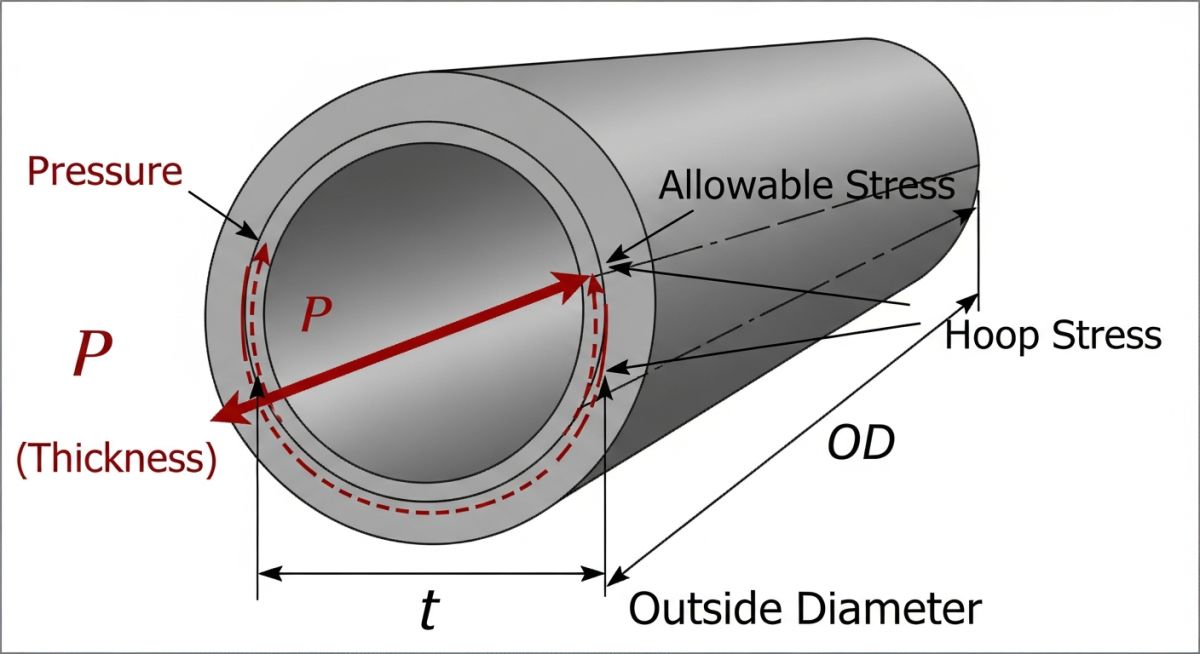 ASME B31.3 pipe thickness formula diagram and variable mapping