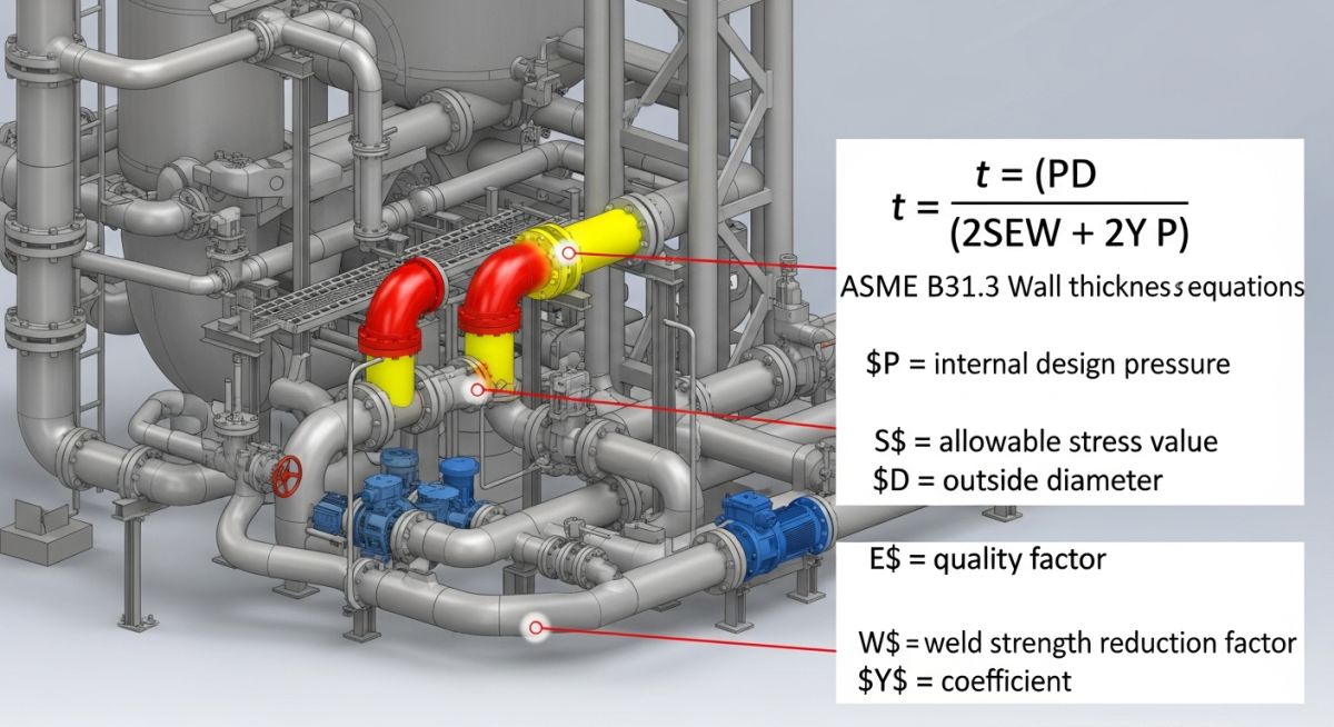 3D CAD model of industrial process piping with ASME B31.3 design formula overlays.