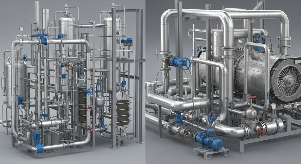 Side-by-side comparison of industrial process piping and power plant steam piping systems.