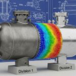 Side-by-side comparison of ASME Section VIII Division 1 and Division 2 pressure vessels with technical blueprints.