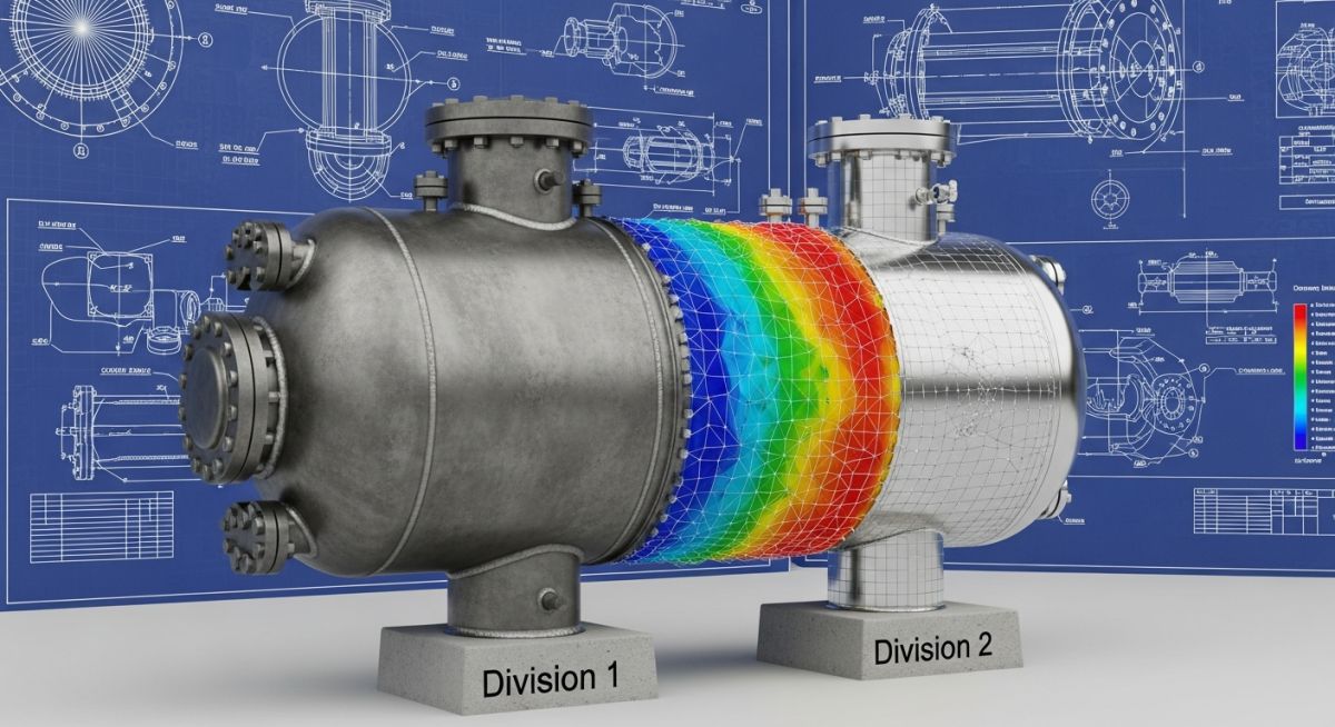 Side-by-side comparison of ASME Section VIII Division 1 and Division 2 pressure vessels with technical blueprints.