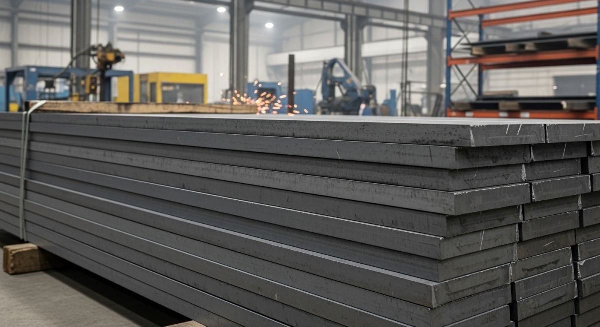 Stacked ASTM A516 Grade 70 carbon steel plates in a manufacturing facility