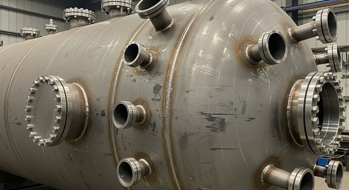Technical diagram of ASTM A516 steel pressure vessel application showing shell, heads, and nozzle details
