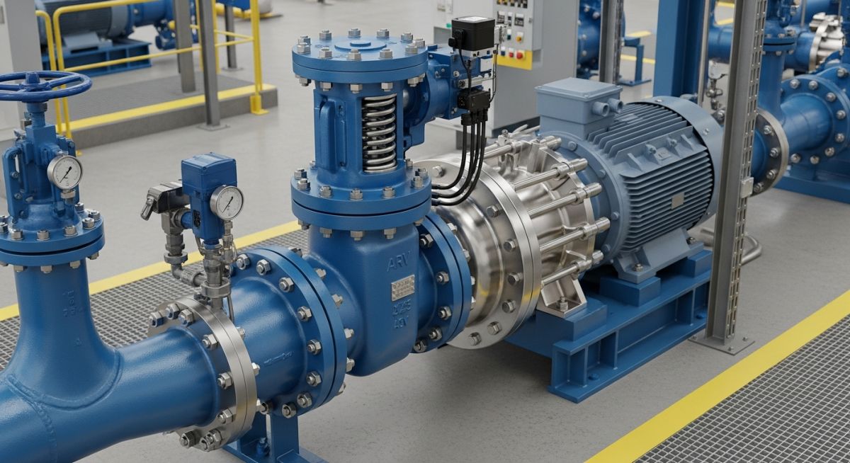 Industrial automatic recirculation valve installed on a centrifugal pump discharge line in a processing plant.