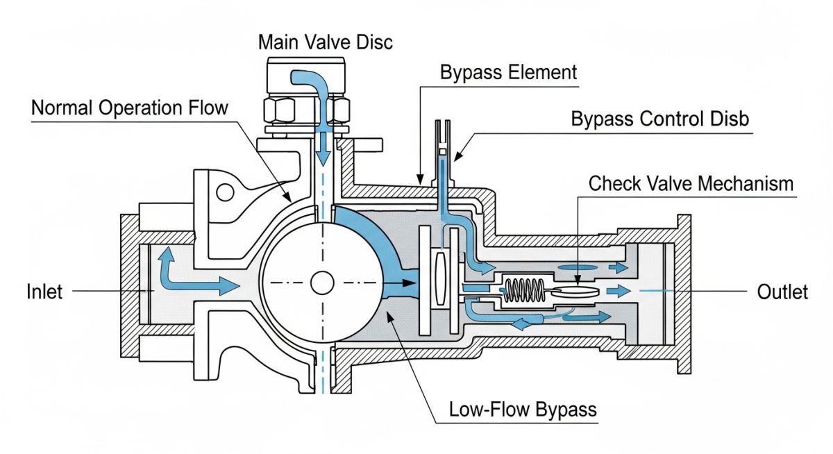 Technical diagram showing the internal components and flow paths of an Automatic Recirculation Valve