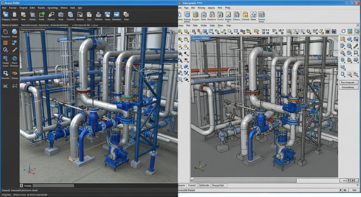 Comparison of 3D plant design models in Aveva PDMS and Intergraph PDS software.
