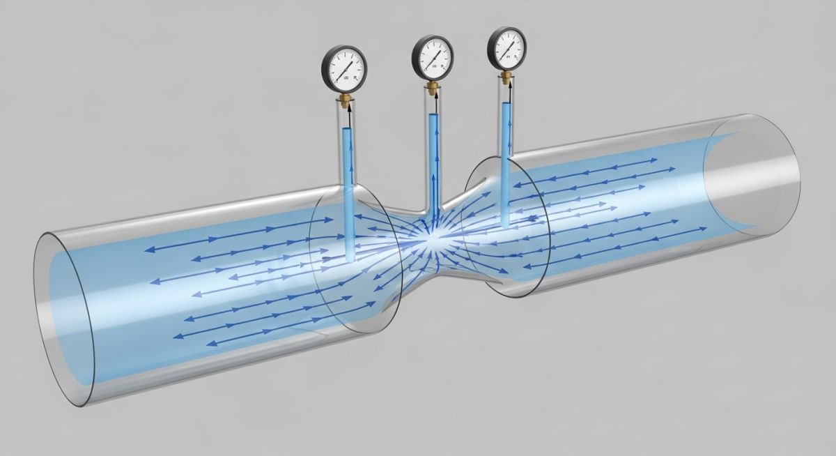 3D schematic diagram of fluid flowing through a Venturi tube illustrating Bernoulli's principle with pressure and velocity indicators.