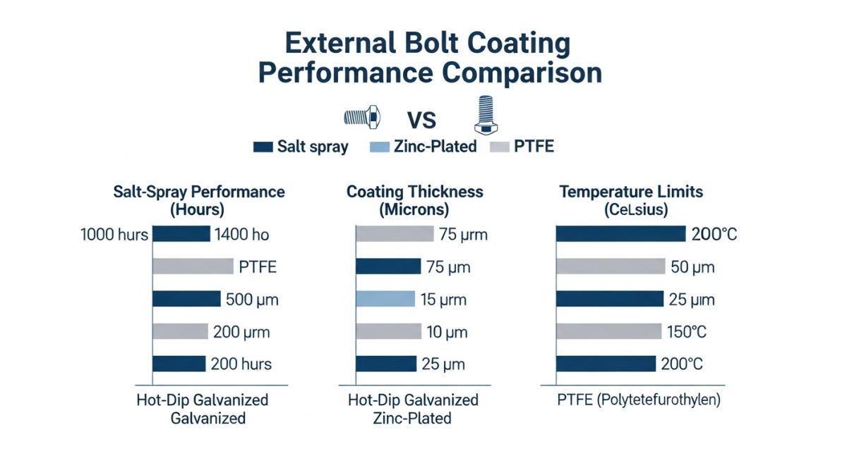 Comparison chart of bolt coatings showing salt spray test hours and friction coefficients
