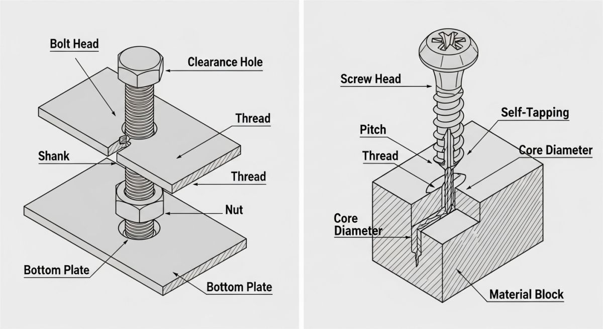 Mechanical diagram showing stress distribution and thread engagement of bolts versus screws