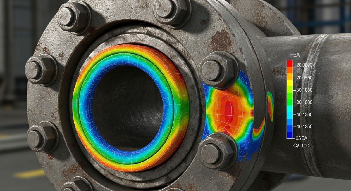3D finite element analysis visualization of a bolted flange joint showing stress distribution.
