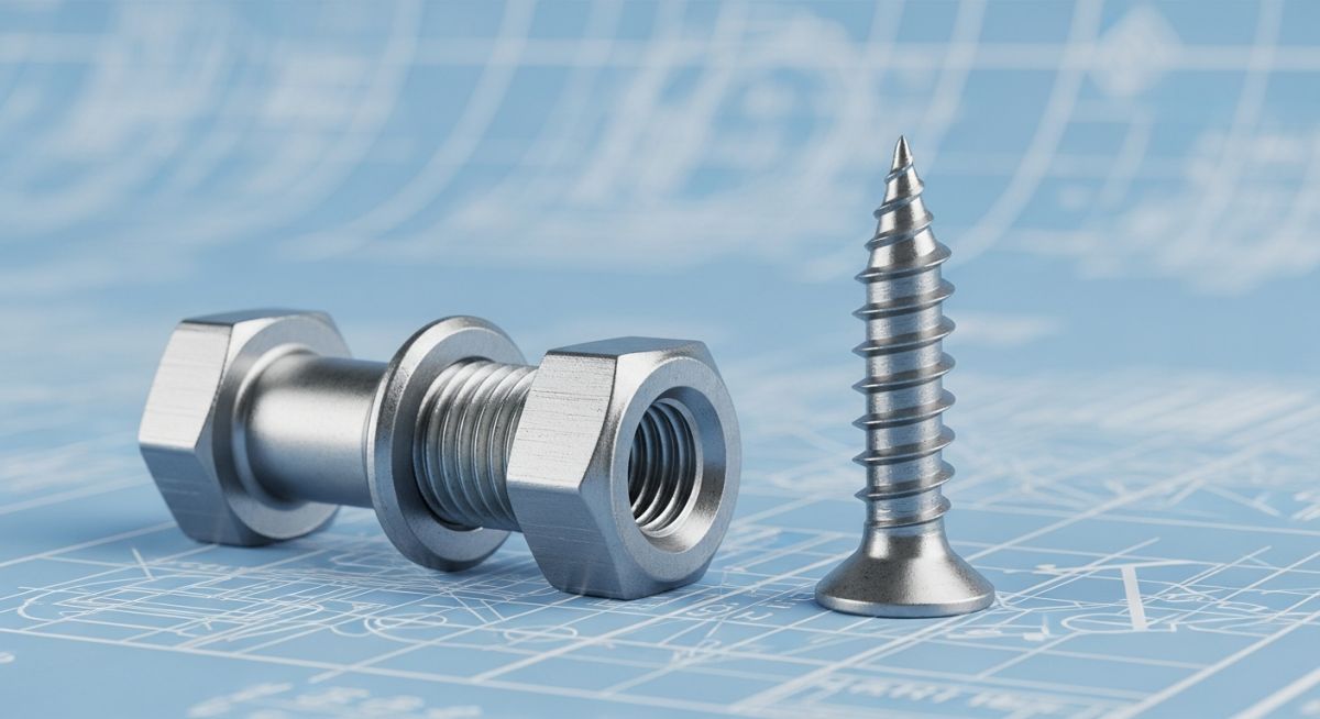 Side-by-side comparison of a steel hex bolt with a nut and a sharp-threaded wood screw.