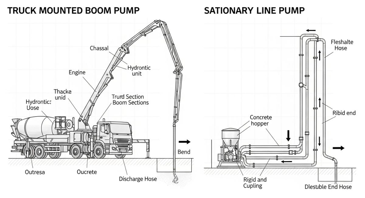 Technical diagram comparing boom concrete pump and line concrete pump configurations