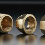 Disassembled brass compression fitting showing the body, ferrule, and nut.