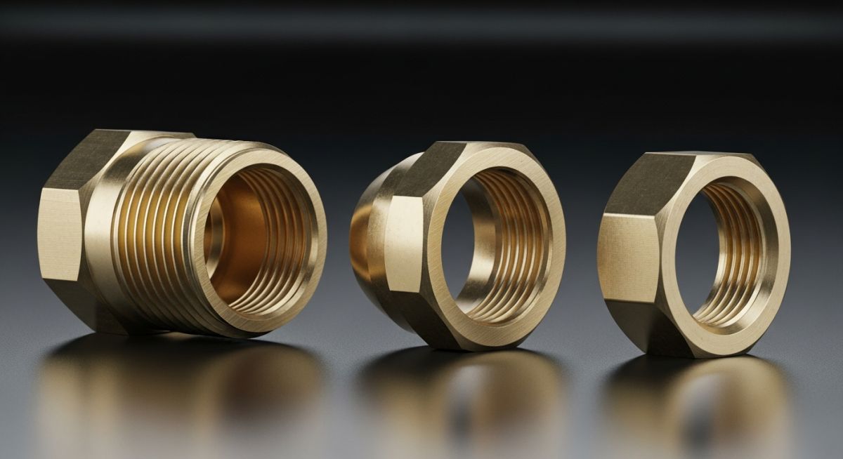 Disassembled brass compression fitting showing the body, ferrule, and nut.