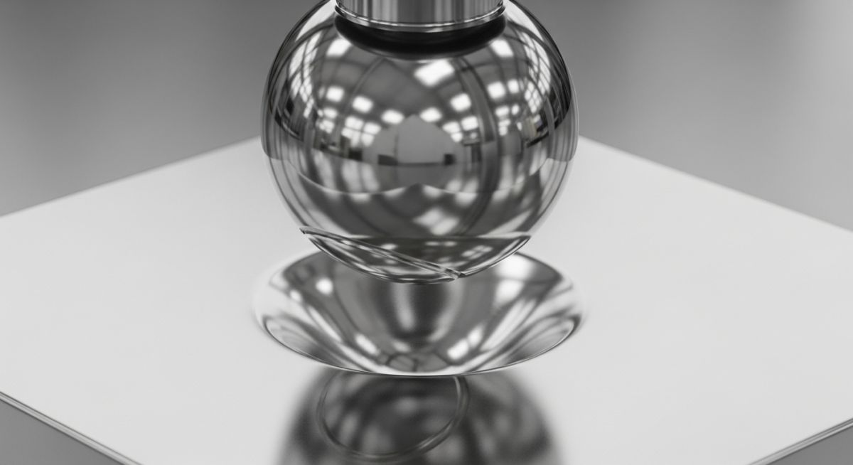 Close-up of a Brinell hardness tester indenter creating a spherical impression on a steel specimen.