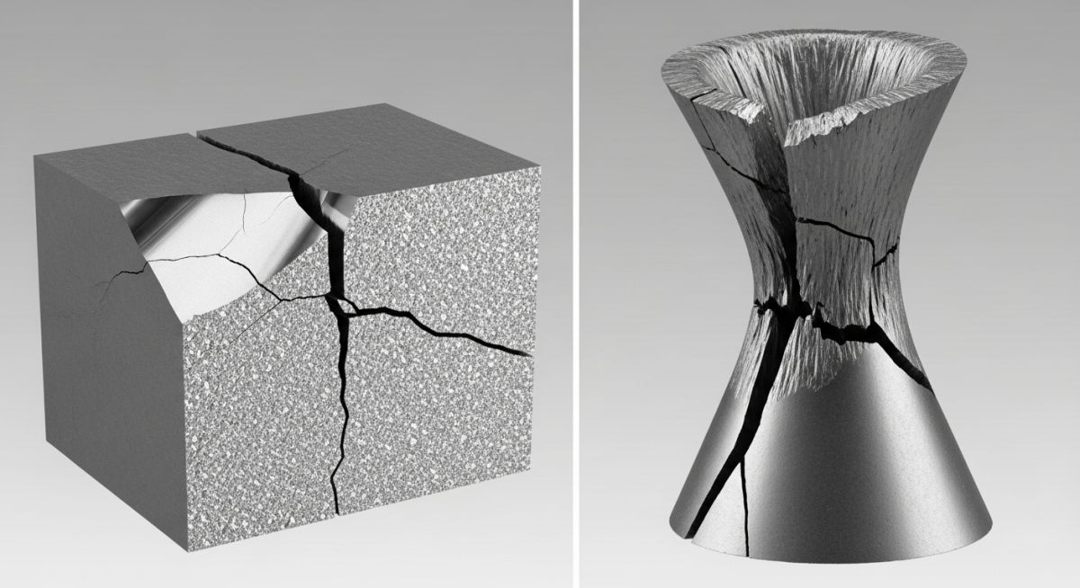 Brittle fracture vs ductile fracture comparison with real material failure surfaces