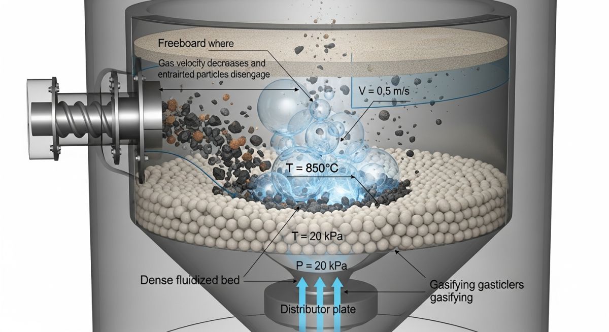 3D schematic diagram of a bubbling fluidized bed gasifier showing key operating variables and bed hydrodynamics.