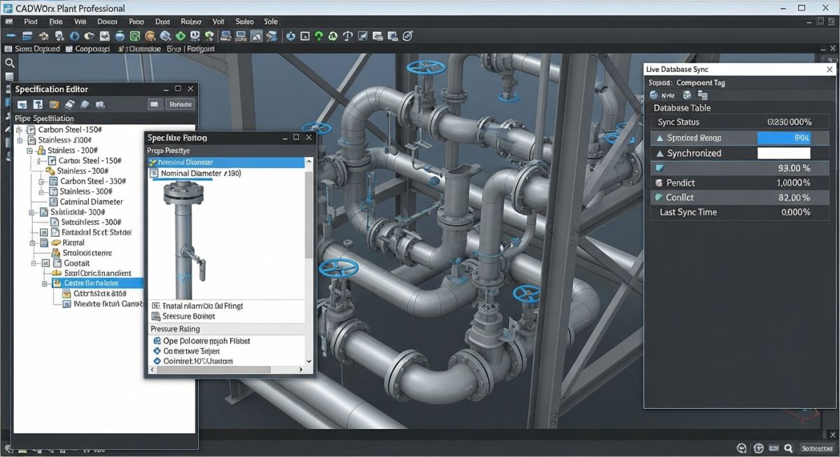 CADWorx Plant Professional interface showing piping design and specification tools