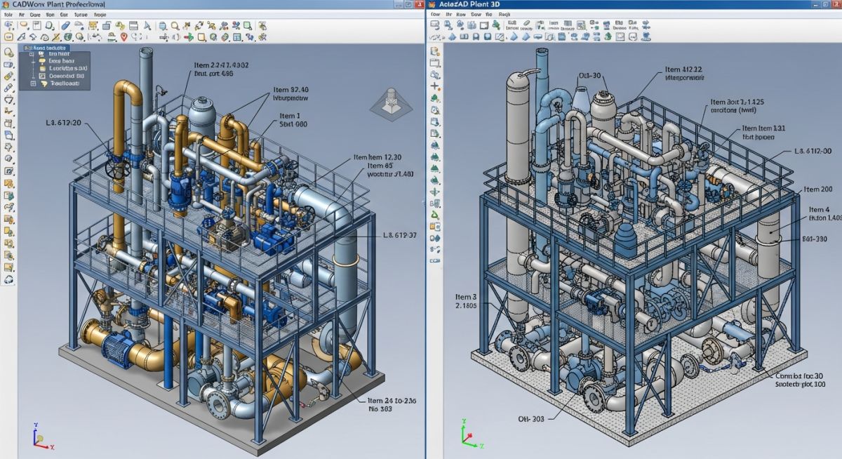 Split-screen comparison of 3D piping models in CADWorx Plant Professional and AutoCAD Plant 3D.