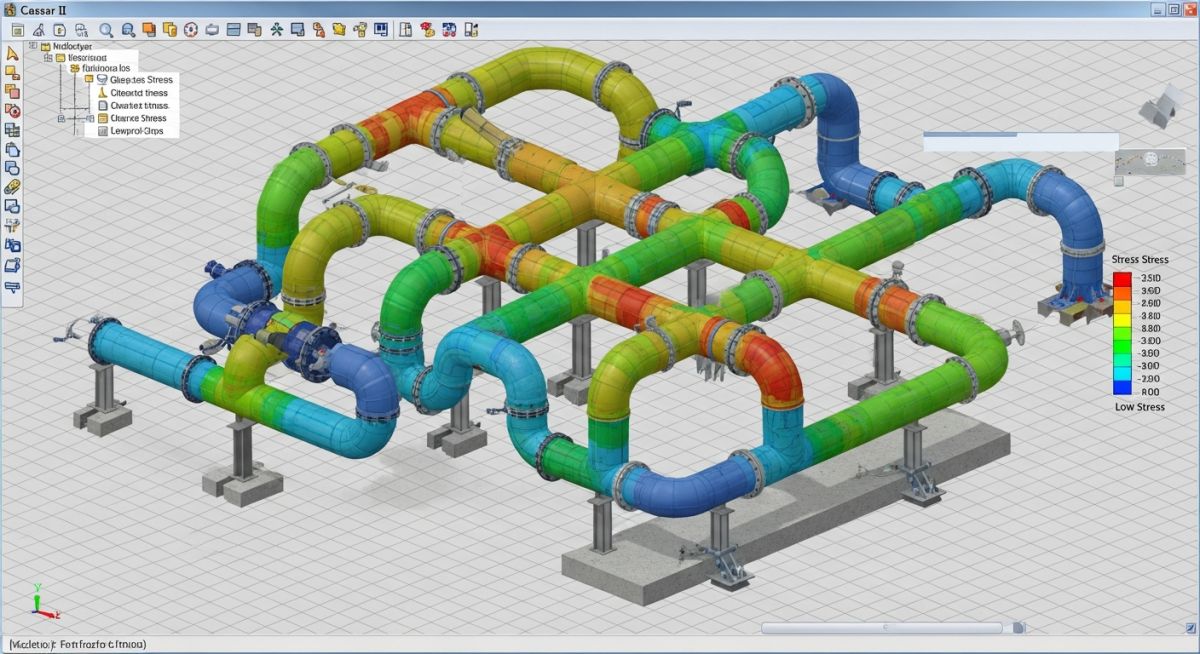 Caesar II 3D stress analysis model of a GRP GRE piping system showing stress contours and supports