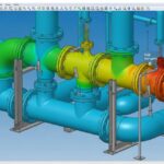 3D pipe stress analysis model in Caesar II software showing stress distribution.