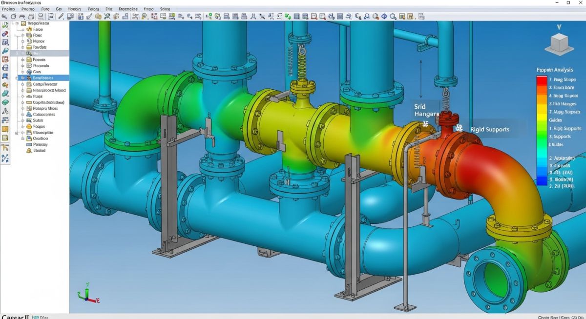 3D pipe stress analysis model in Caesar II software showing stress distribution.